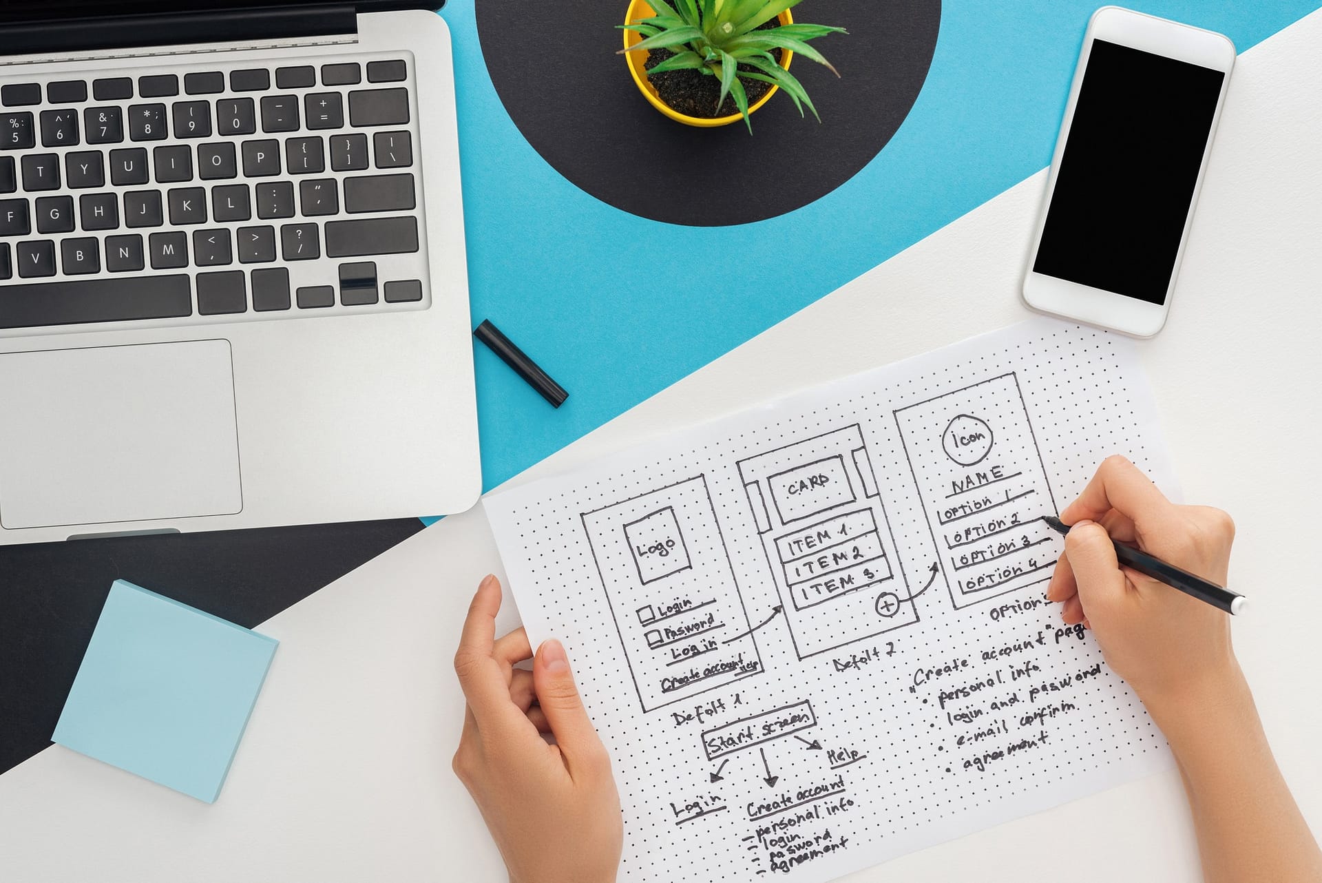 Depositphotos_320398348_l-2015 Image showing a desk, laptop computer, phone and plant, with a workers hands mapping out a website's user experience and design.
