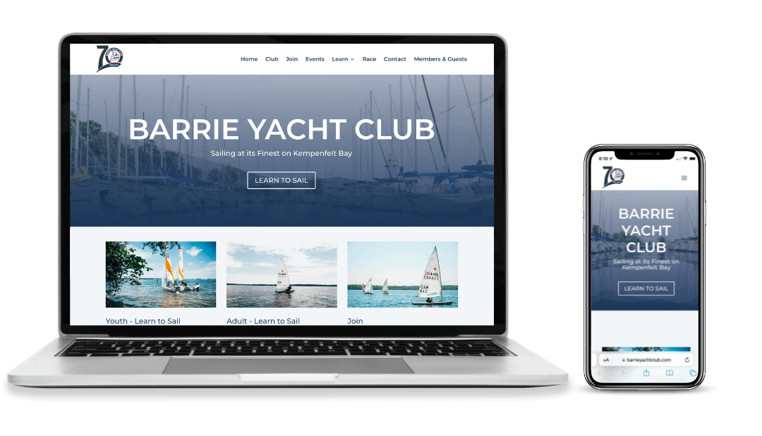 BYC New Website A laptop computer and phone side by side, showcasing the Barrie Yacht Club website.